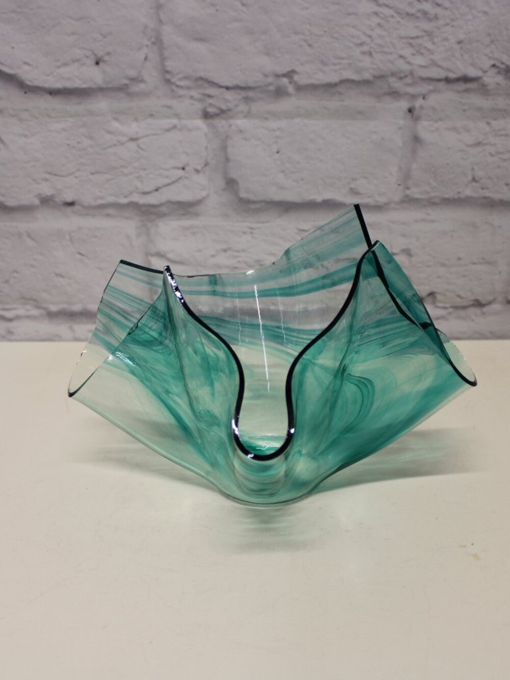 Turquoise Green Swirl Hand Blown Glass Handkerchief Bowl Vase Candy Dish Table